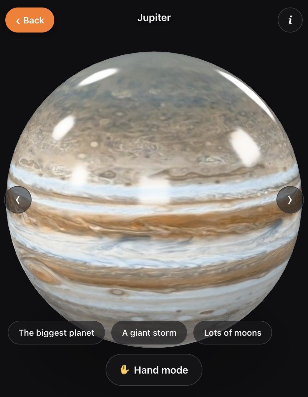 Solar System AR on a phone, showing a 3D model of Jupiter